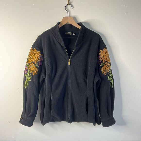 Bob Mackie Embroidered Black Fleece Jacket Size 2X Art to Wear Floral Detail - Picture 2 of 9
